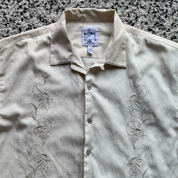 AFTCO Bluewater x Guy Harvey Marlin Embroidered Button Down Shirt Cream Size XL - Picture 10 of 13
